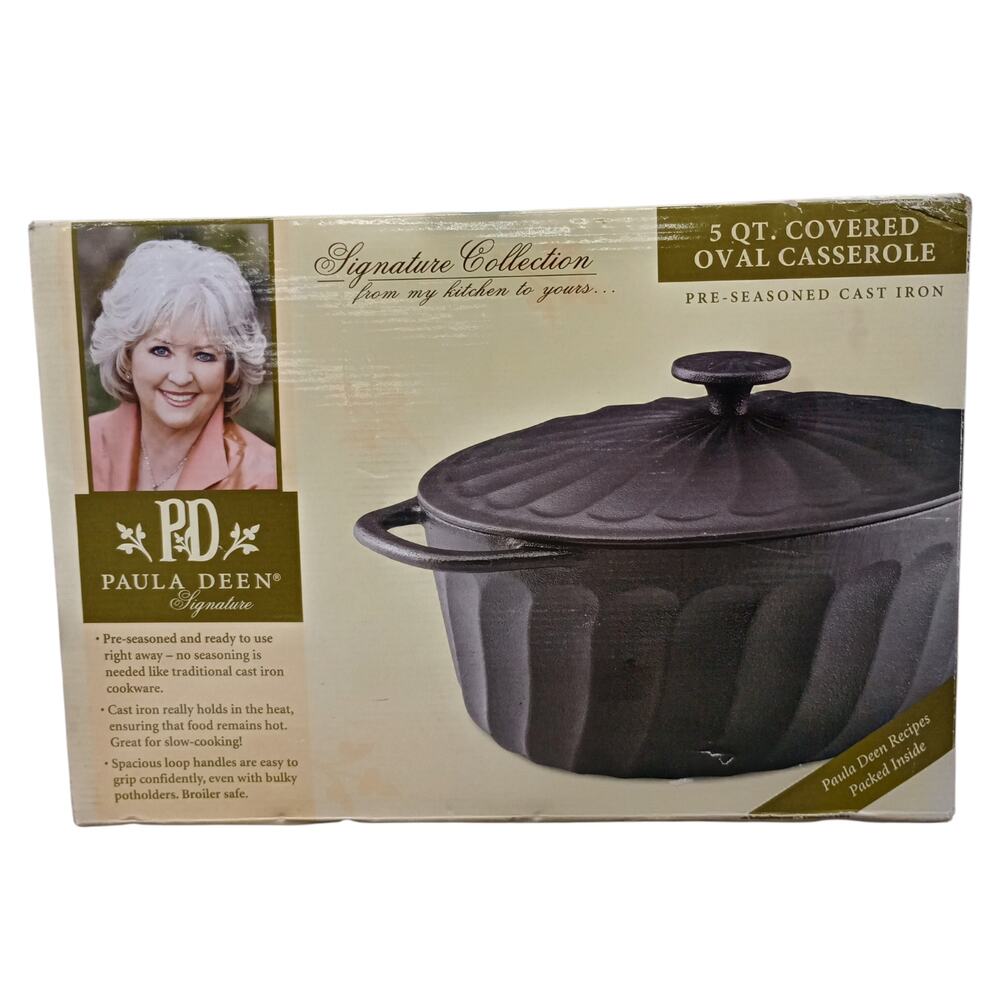 Paula Dean Black Cast Iron Enamel Oval Dutch Oven Casserole & Lid Roasting